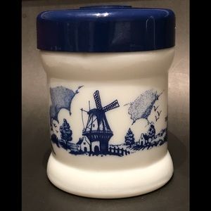 Vintage White Milk Glass Blue Delft Humidor Canister Blue Lid Windmill Scene